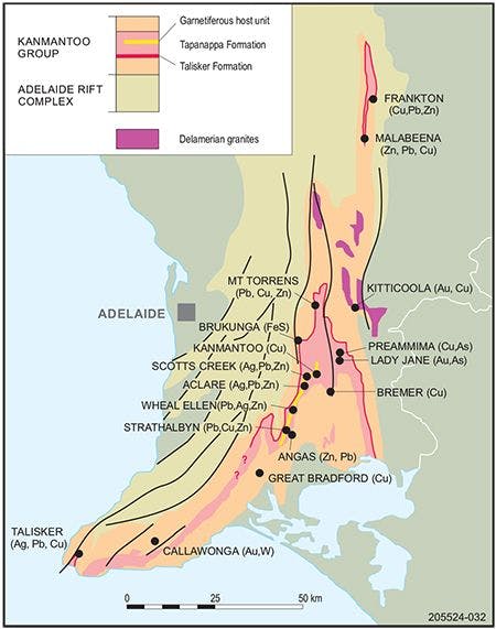 Figure 1: Modified from Ogierman, 2021. Distribution of base and precious metal (Cu–Au, Pb–Zn–Ag, Fe sulphide deposits) in the Tapanappa Formation of the Cambrian Kanmantoo Trough. The Tapanappa EL application is in the area highlighted by the dashed red ellipse.